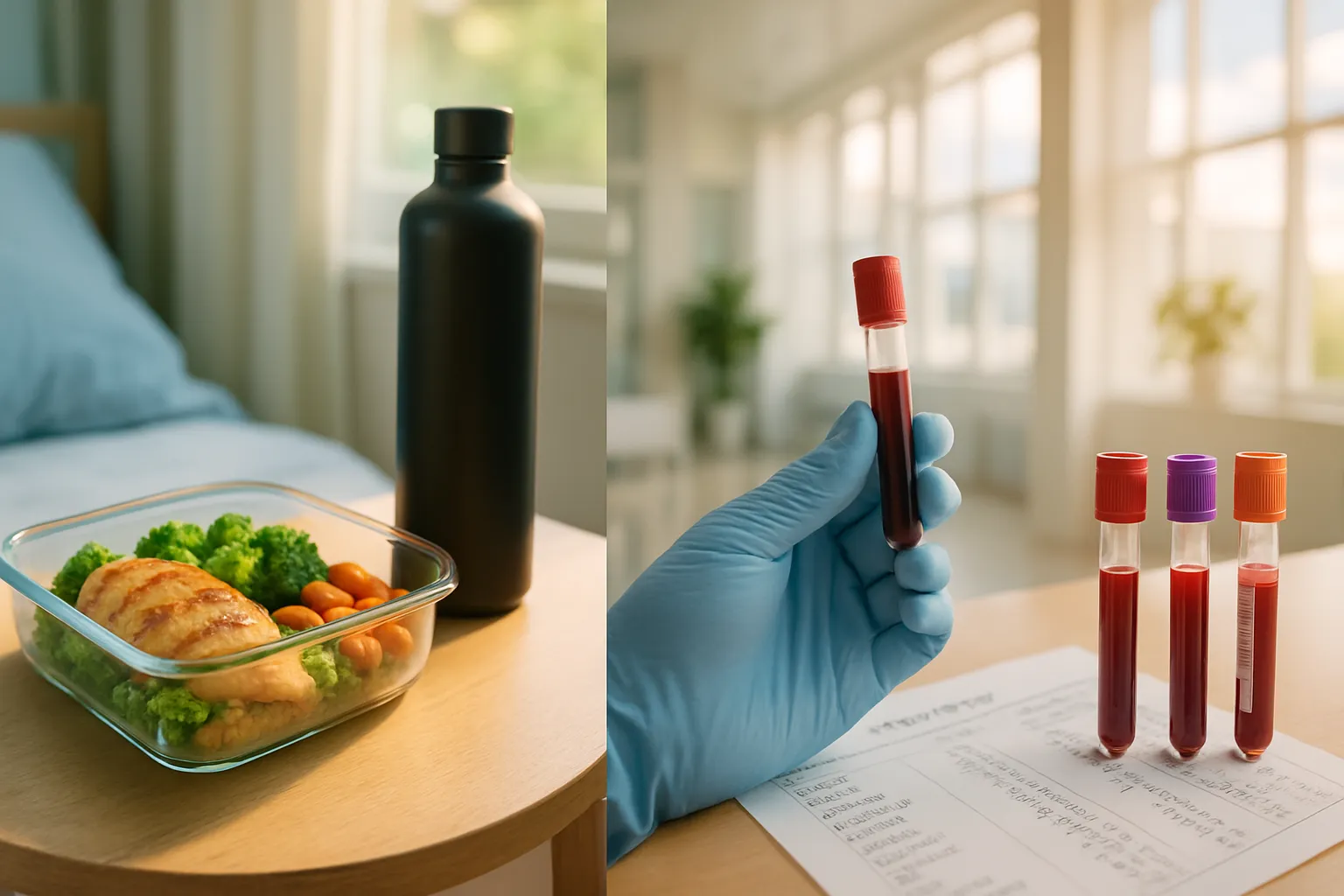 Composição mostrando fatores do estilo de vida como sono, alimentação e hidratação que influenciam naturalmente os resultados de exames de sangue e marcadores inflamatórios