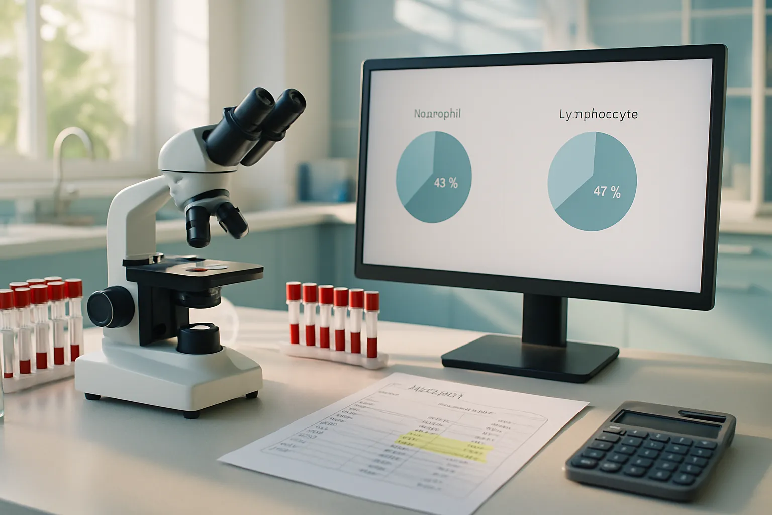 Ambiente de laboratório clínico moderno mostrando análise de hemograma com microscópio, resultados de contagem diferencial de leucócitos e equipamentos para interpretação da razão neutrófilos-linfócitos