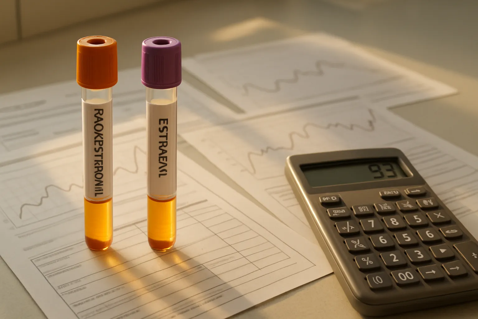 Tubos de teste de progesterona e estradiol com amostras de soro, gráficos de níveis hormonais e calculadora mostrando cálculo de razão em ambiente laboratorial clínico