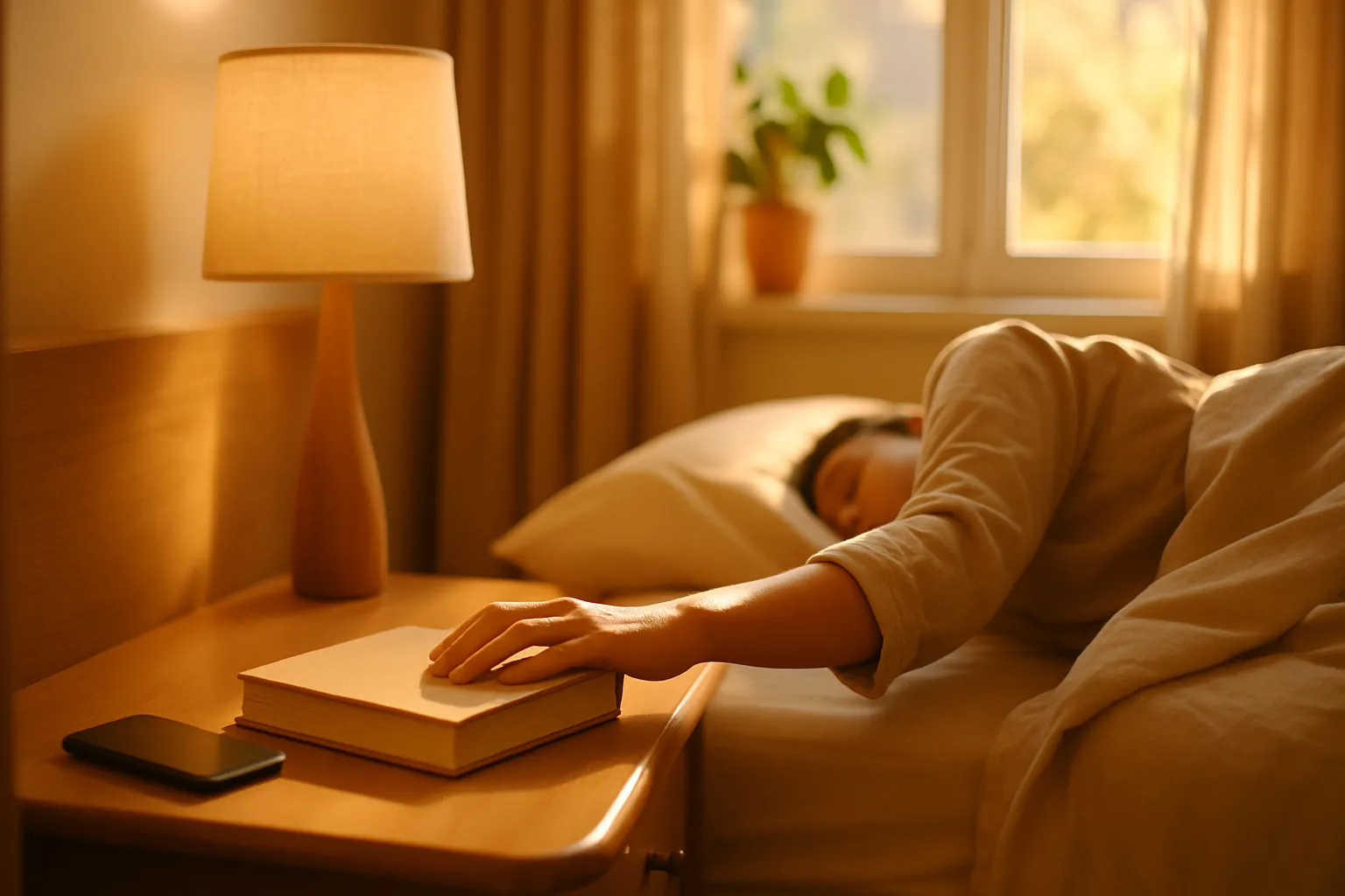 Rotina Matinal Sem Telas com Livro e Alternativas Saudáveis Cena matinal tranquila mostrando livro posicionado na mesa de cabeceira onde normalmente ficaria o celular, pessoa alcançando o livro ao acordar em vez do smartphone, demonstrando estratégia prática de substituição de hábitos digitais