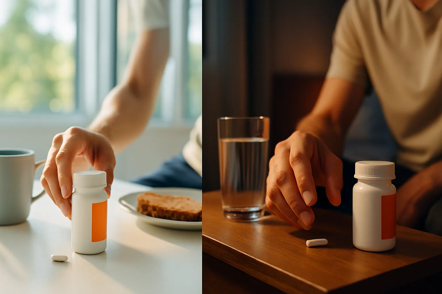 Rotina de Medicação Integrada ao Dia a Dia Comparação visual da rotina de medicação anti-hipertensiva integrada ao cotidiano, mostrando o mesmo medicamento sendo tomado pela manhã com café e à noite antes de dormir, ilustrando a importância da adesão ao tratamento