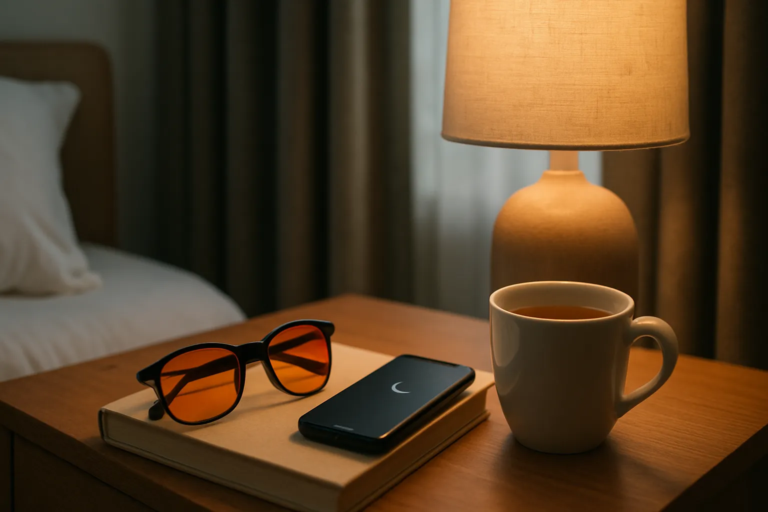 Mesa de cabeceira preparada para higiene do sono com óculos bloqueadores de luz azul, smartphone desligado, luminária âmbar, chá de ervas e livro, demonstrando rotina saudável para produção natural de melatonina