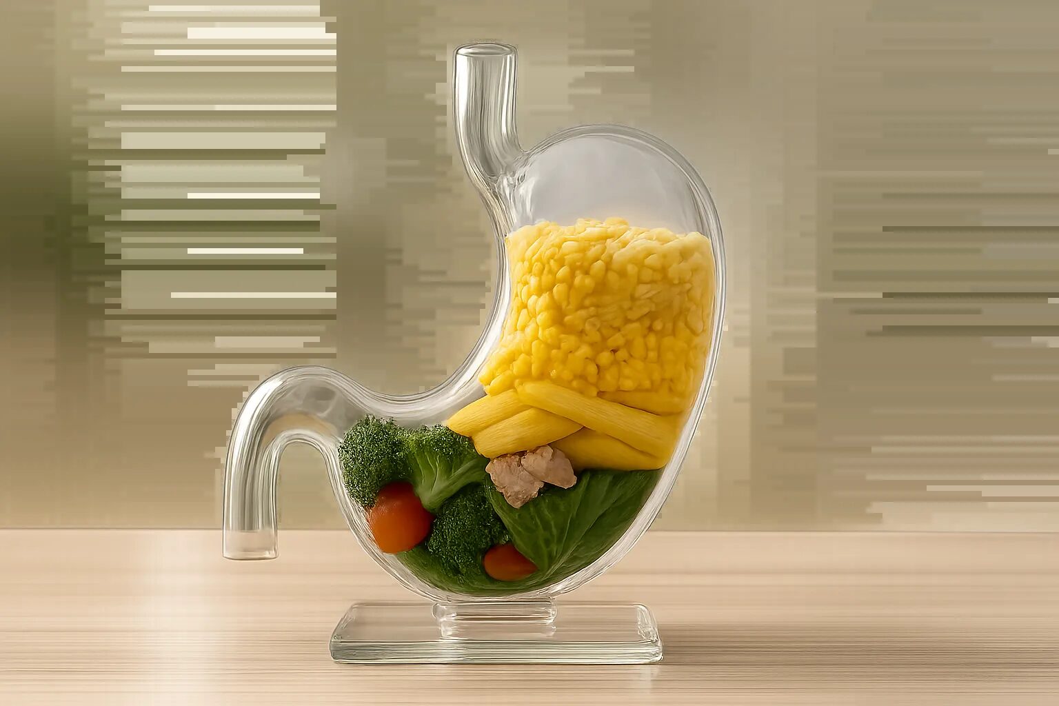 Modelo visual transparente demonstrando o conceito de camadas alimentares no estômago, com vegetais e proteínas formando barreira antes dos carboidratos