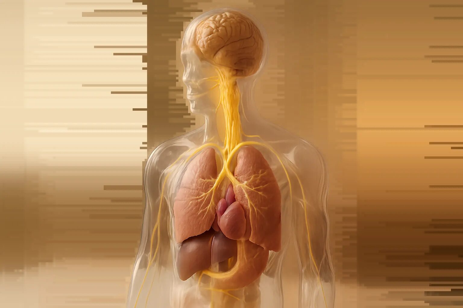 Modelo anatômico transparente mostrando a conexão do nervo vago entre cérebro, pulmões e coração no controle respiratório
