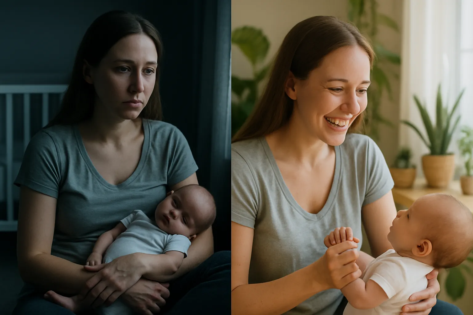 Comparação visual antes e depois mostrando mãe com depressão pós-parto isolada e distante do bebê à esquerda, e a mesma mãe após tratamento interagindo calorosamente com o bebê à direita