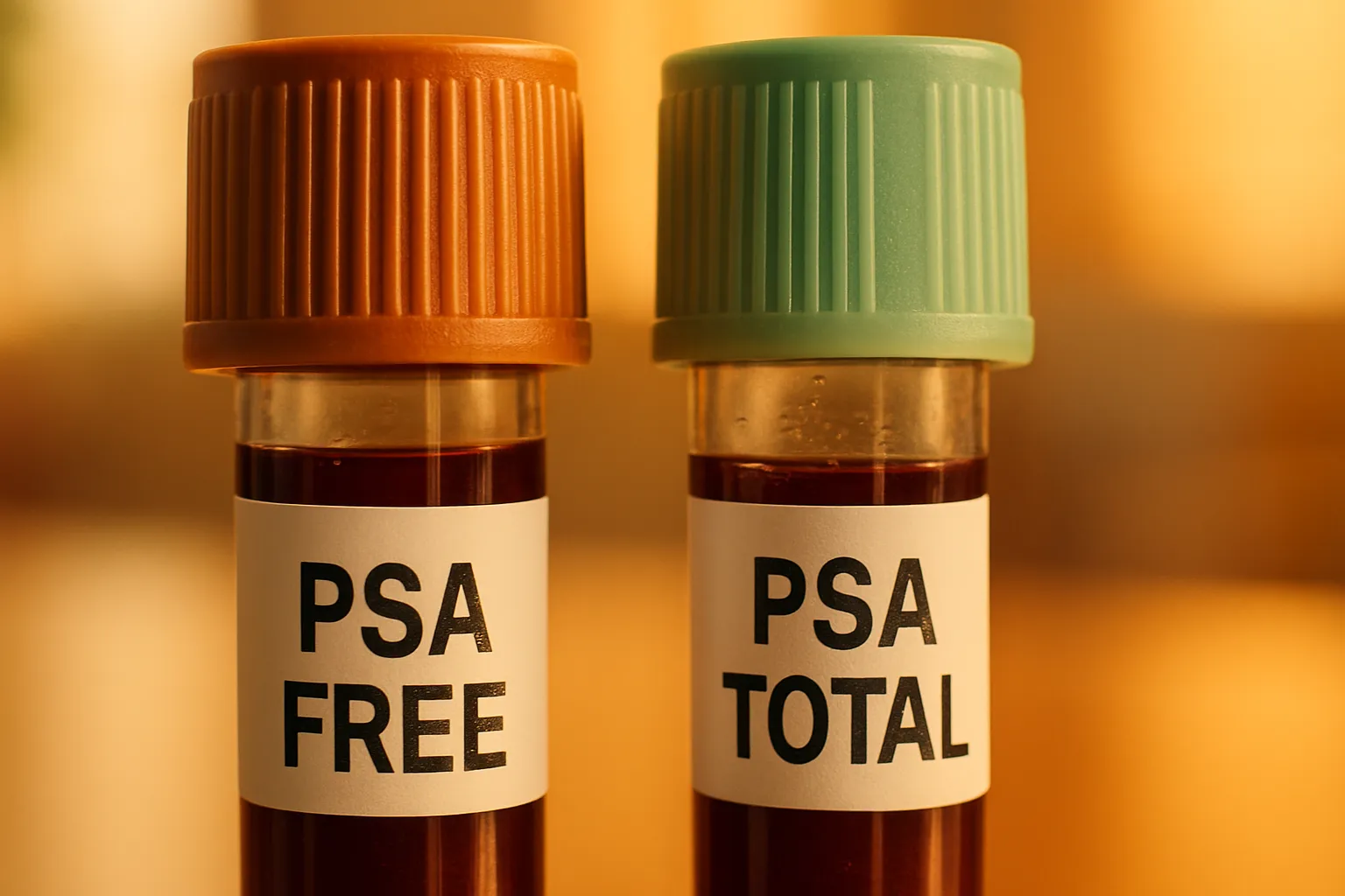 Detalhe macro de tubos especializados para coleta de PSA livre e PSA total mostrando a diferença entre os dois exames