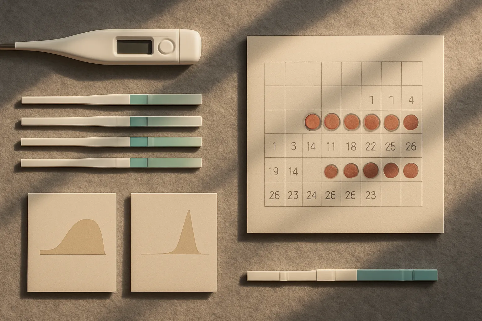 Variação Hormonal ao Longo do Ciclo Menstrual Ferramentas de rastreamento do ciclo menstrual incluindo termômetro basal, testes de ovulação e calendário menstrual com fases folicular e lútea marcadas