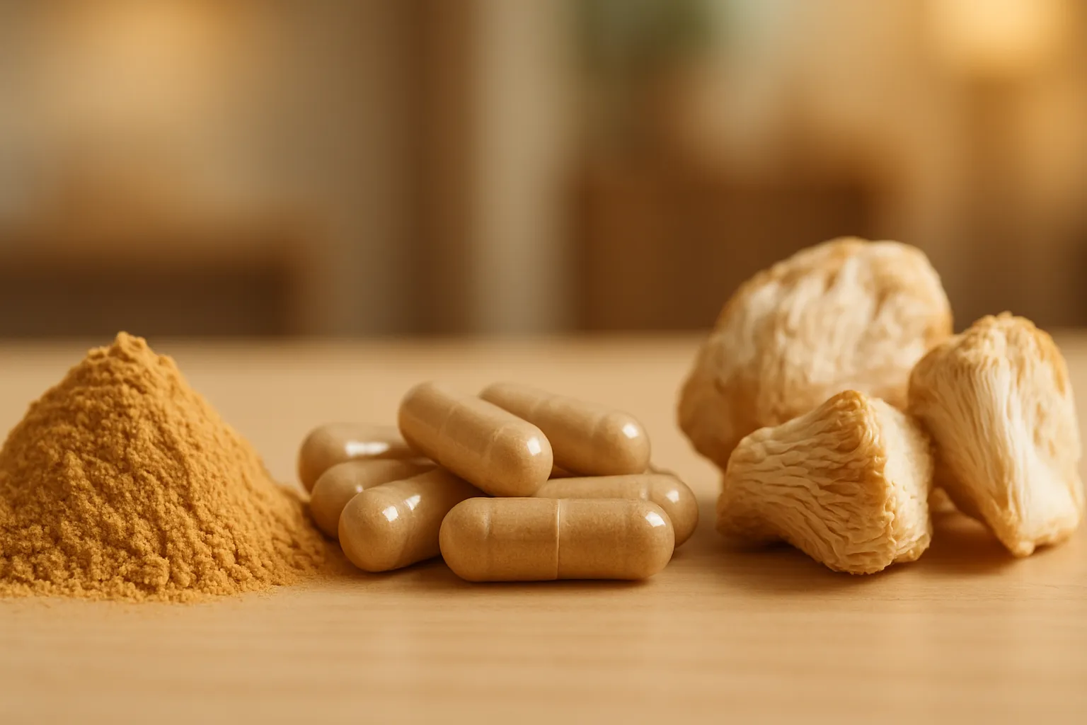 Variações de Qualidade em Suplementos Lion’s Mane Comparação macro de diferentes formas de suplementos de lion's mane mostrando variações em textura, cor e consistência que afetam qualidade e eficácia