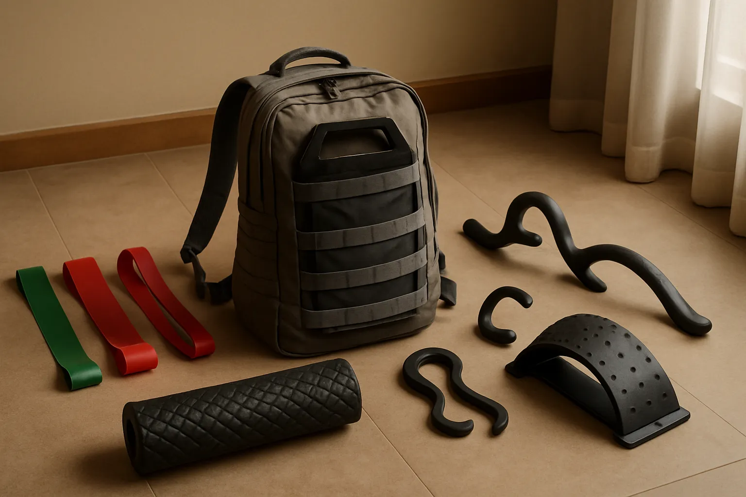Composição de equipamentos para rucking incluindo mochila com peso e ferramentas de treinamento para ativação muscular