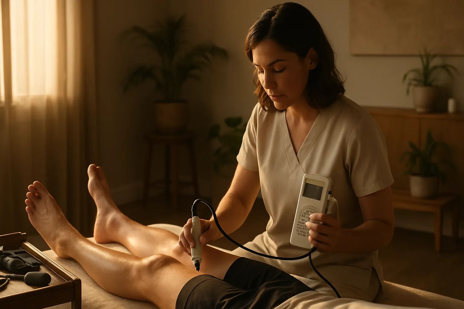 Especialista realizando avaliação vascular com doppler na perna de paciente antes de autorizar treinamento com restrição de fluxo sanguíneo