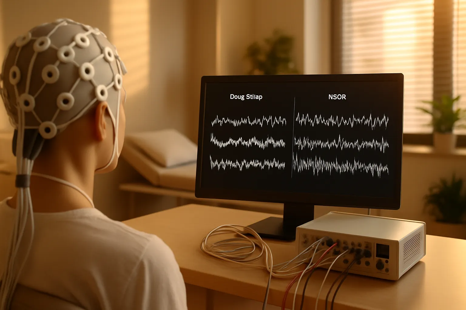 Equipamento de polissonografia com headset de EEG mostrando padrões de ondas cerebrais durante monitoramento de sono e relaxamento