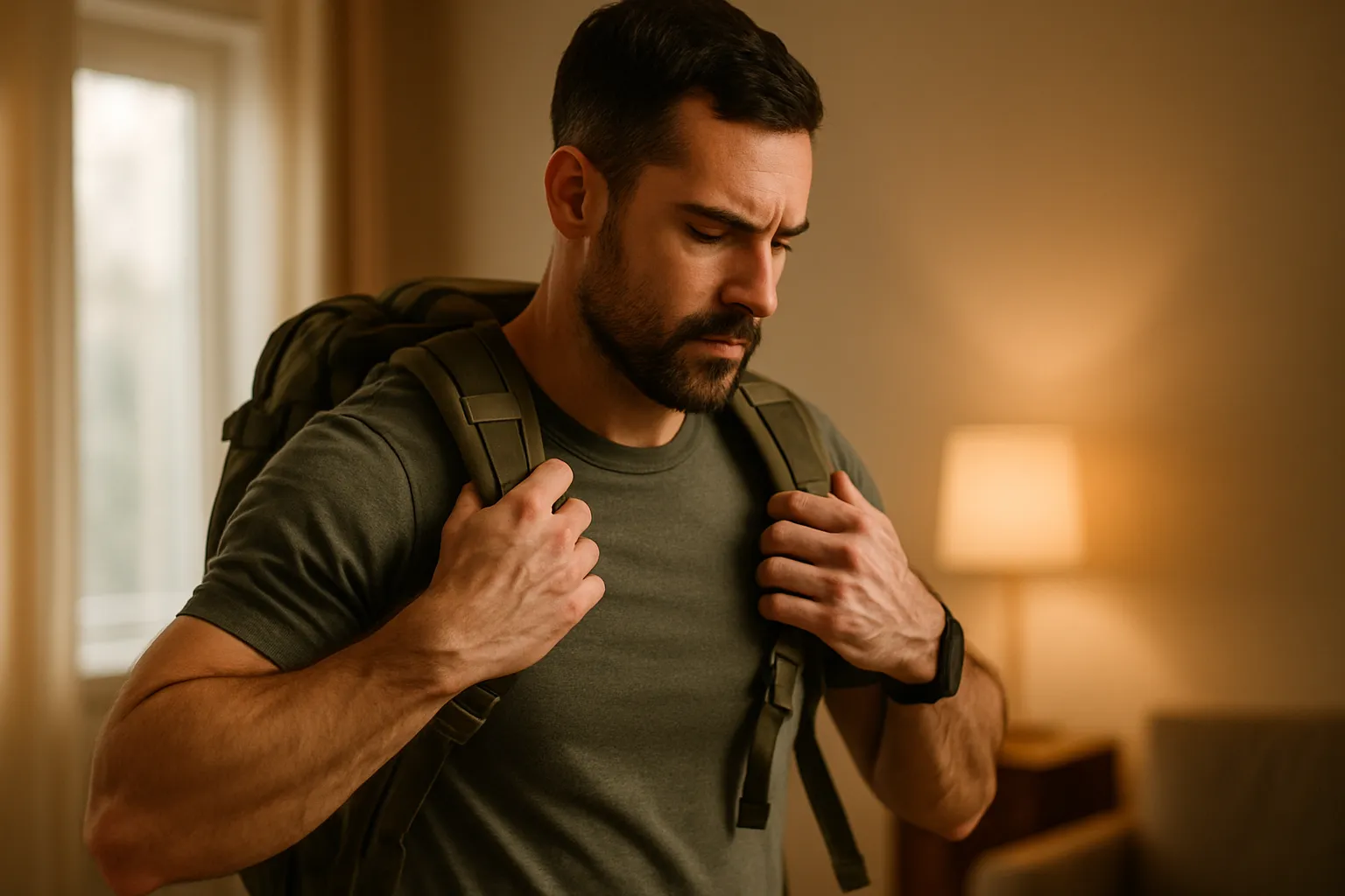 Praticante de rucking ajustando alças da mochila e verificando conforto corporal, demonstrando atenção aos sinais do corpo durante o exercício