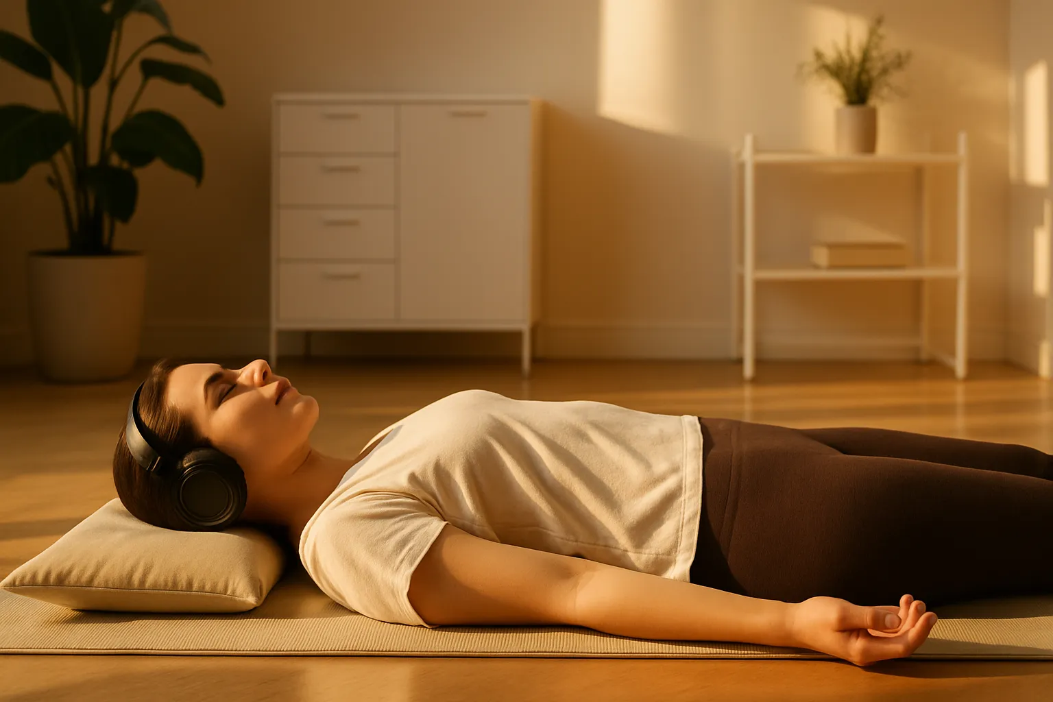 Pessoa em posição de relaxamento praticando yoga nidra com fones de ouvido em ambiente tranquilo e acolhedor
