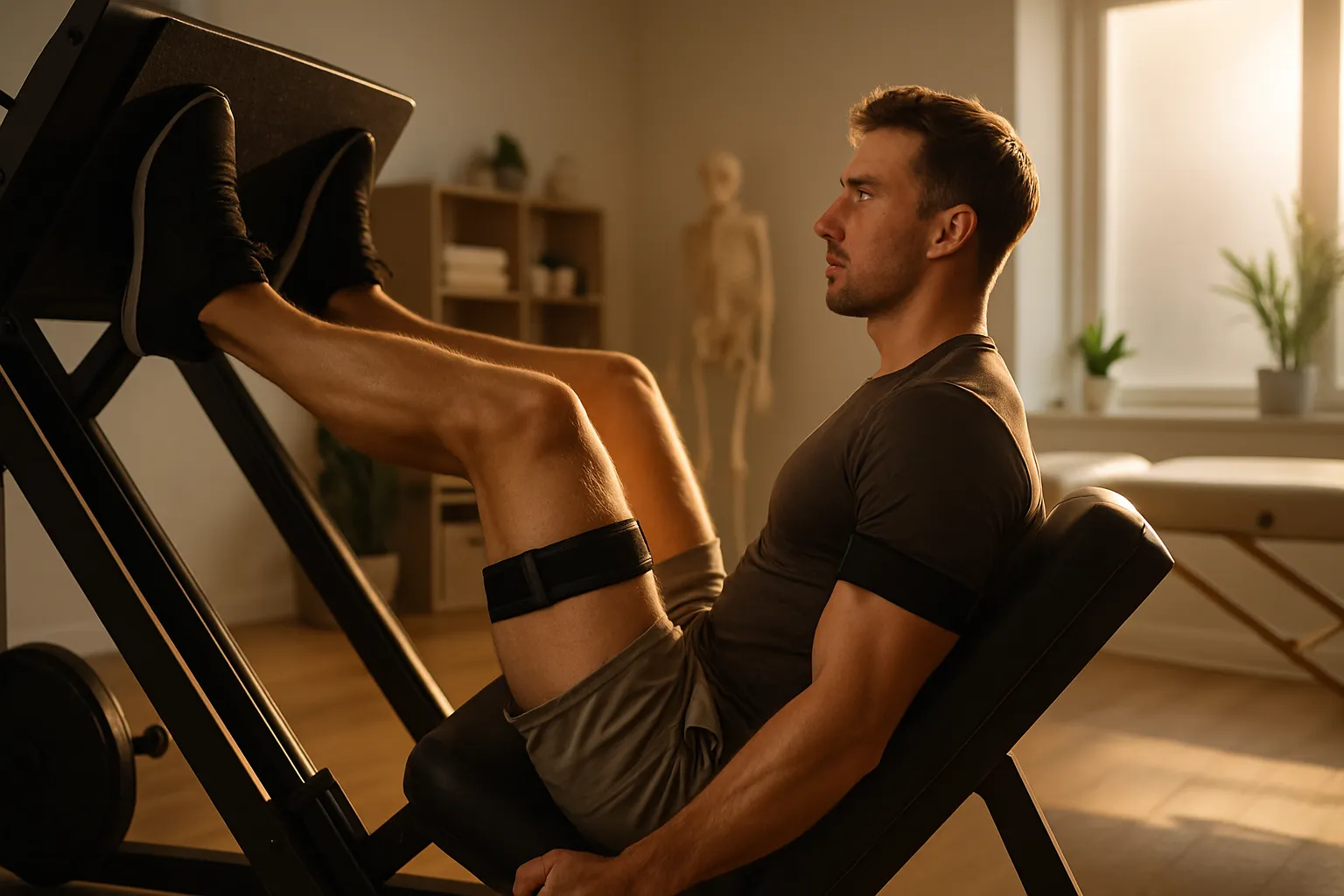 Pessoa realizando exercício de leg press com manguito de restrição de fluxo sanguíneo na coxa, demonstrando técnica de treinamento BFR com carga leve